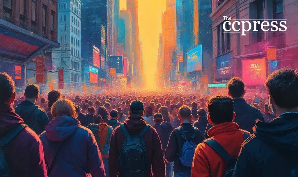 Large crowd in city street with glowing sunset, representing rising anticipation around Cardano ETF decision