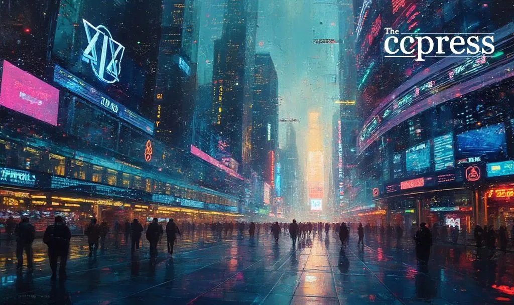 A futuristic digital cityscape at night with neon lights and silhouettes of people, featured by CCPress