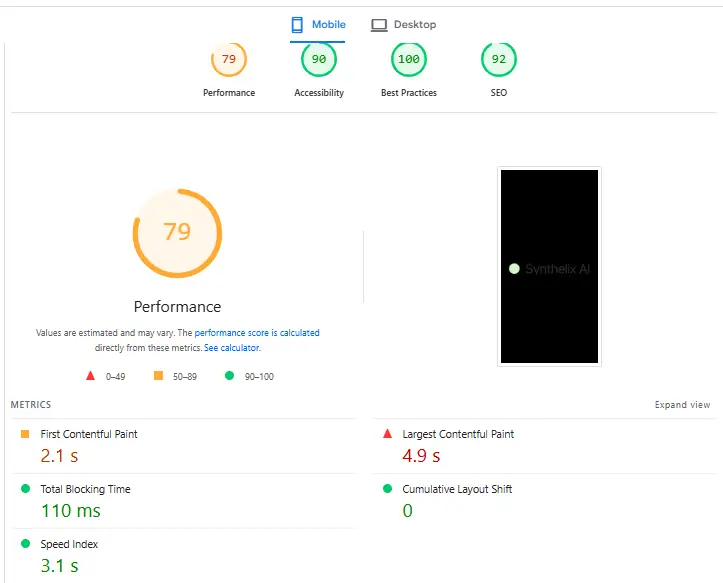 Synthelix Lighthouse audit showing 79 performance score and 4.9s largest contentful paint