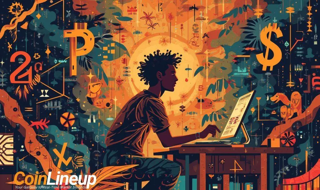 Illustration of a person analyzing crypto market data on CoinLineup with vibrant symbols and currency icons