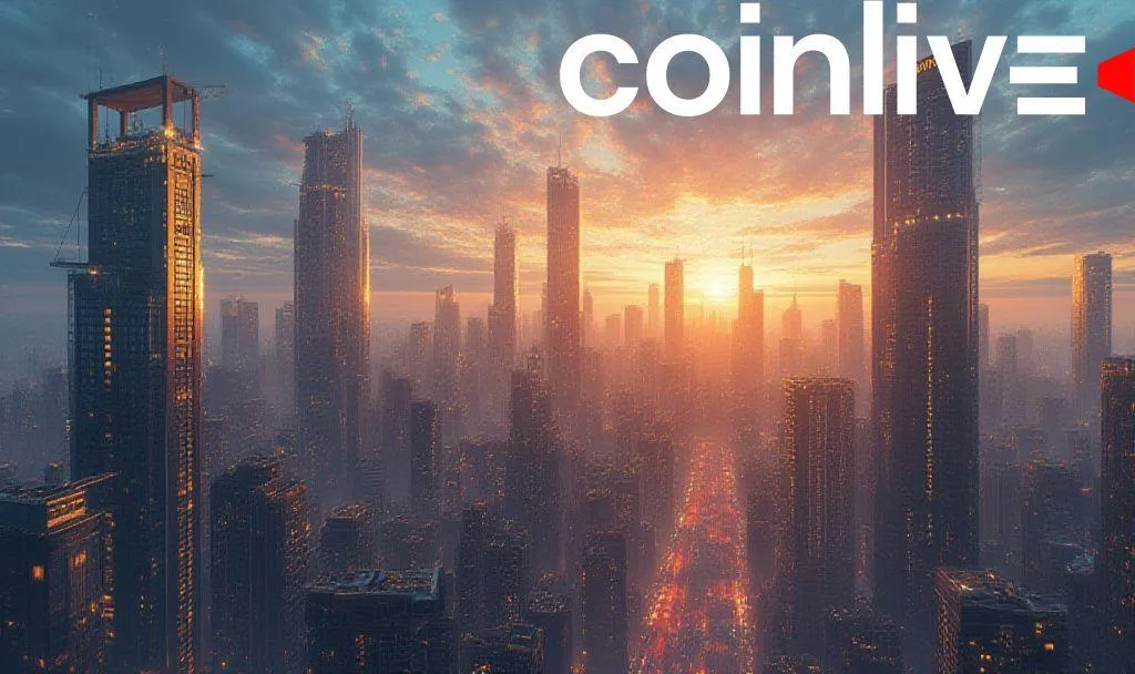 A futuristic city skyline at sunset with Coinlive branding in the sky