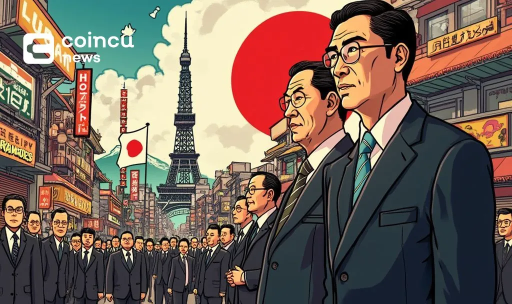 Japanese crypto leaders in suits walking through a vibrant city with flags and the Eiffel Tower, featured by Coincu News