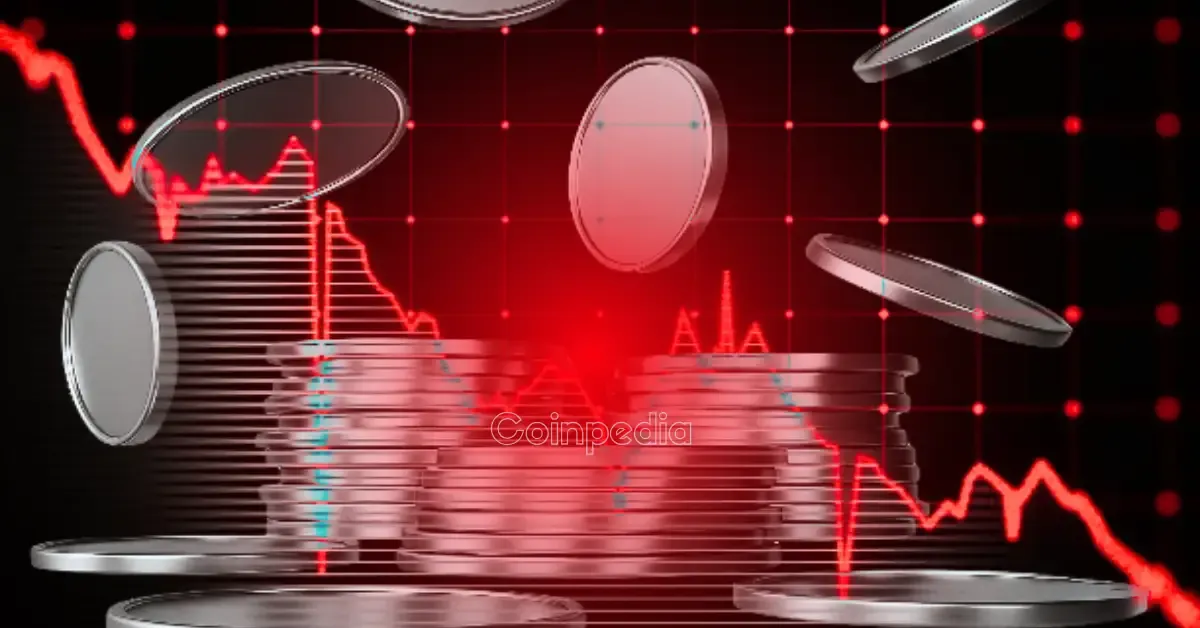 Falling crypto coins with red market chart background symbolizing a sharp crypto market drop and investor panic