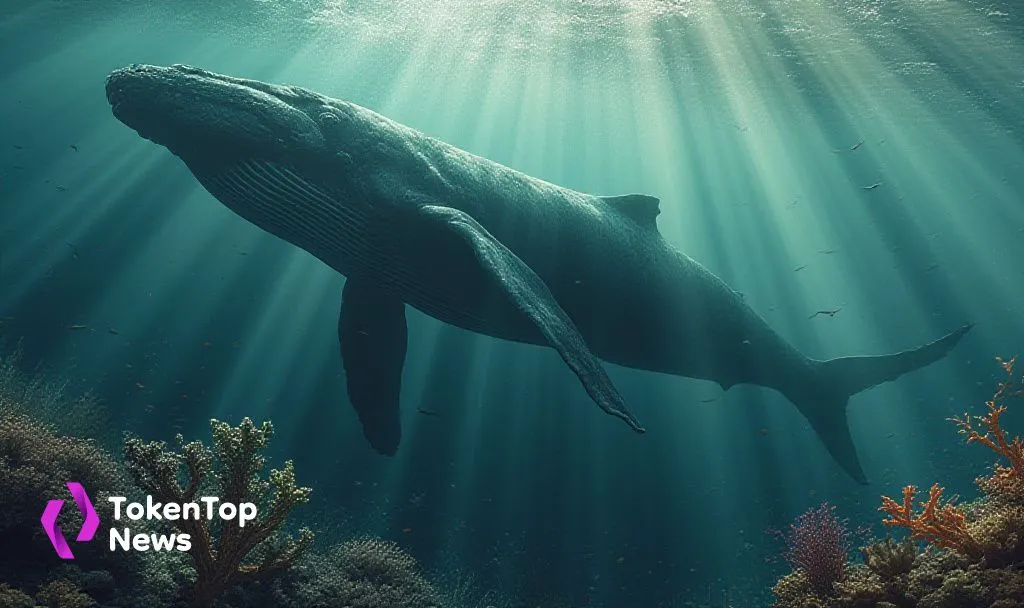 A giant whale swimming underwater with sun rays and coral, representing crypto whale news on TokenTop.