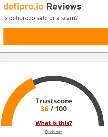 DefiPro.io trust score gauge showing 36 out of 100