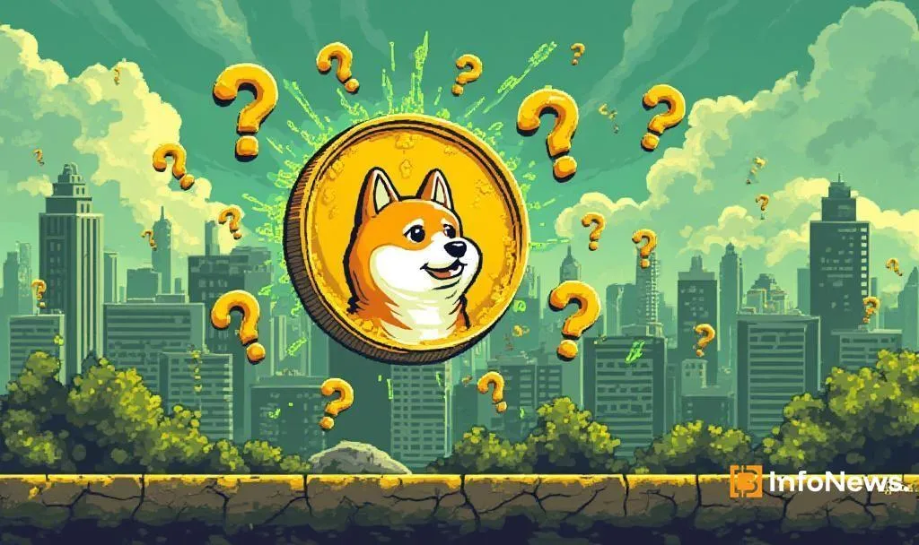 Dogecoin coin surrounded by question marks over a city skyline, symbolizing uncertainty in the crypto market