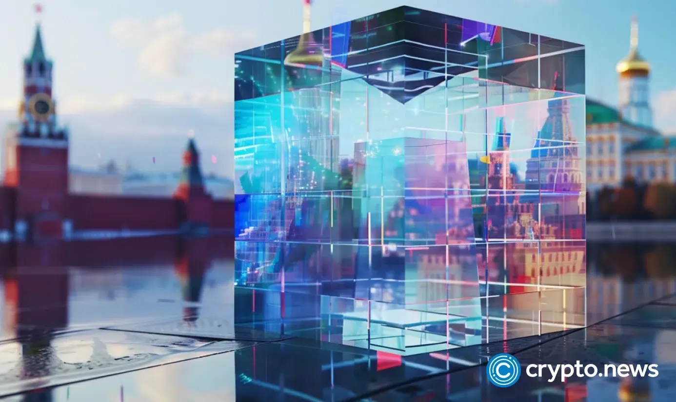 Ethereum logo built from glass blocks with Russian architecture in the background, symbolizing blockchain technology in Russia