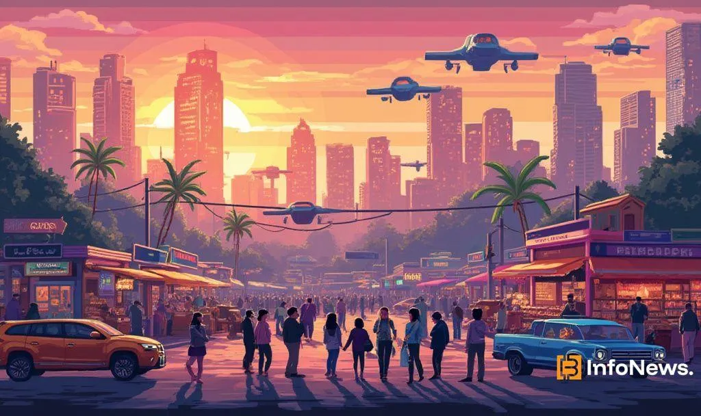 Illustration of a futuristic cityscape at sunset with flying cars over a busy street market filled with people