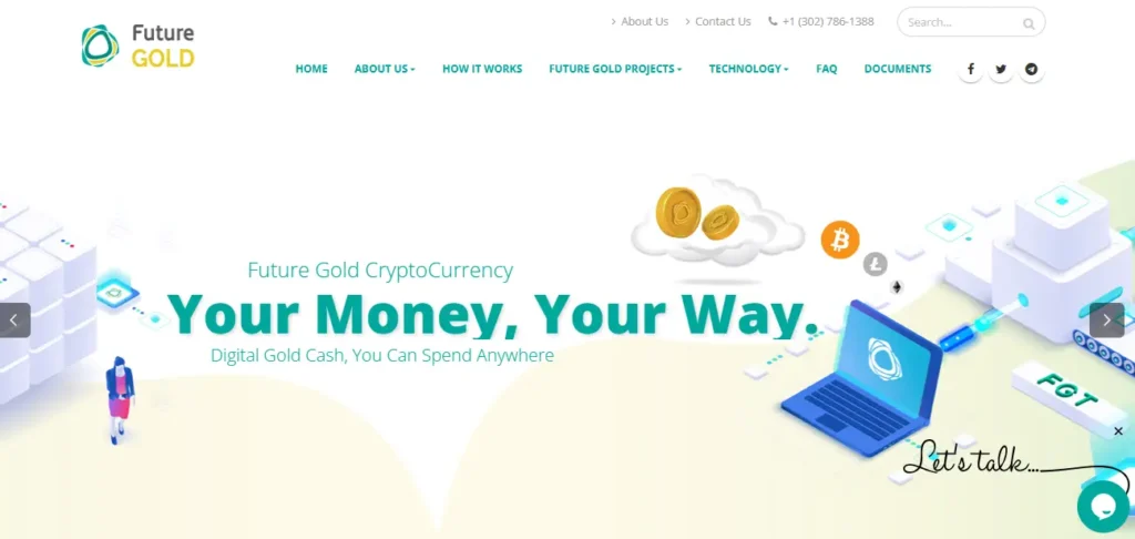 Future Gold homepage showcasing crypto token FGT and slogan