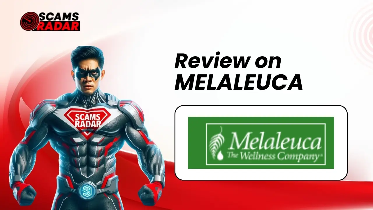 Superhero with "Scams Radar" logo next to Melaleuca review banner