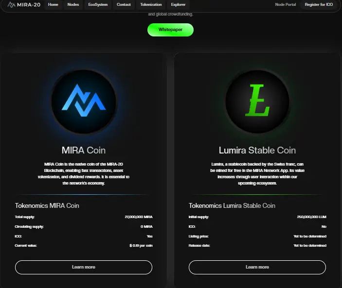 MIRA Coin and Lumira Stable Coin Tokenomics Overview
