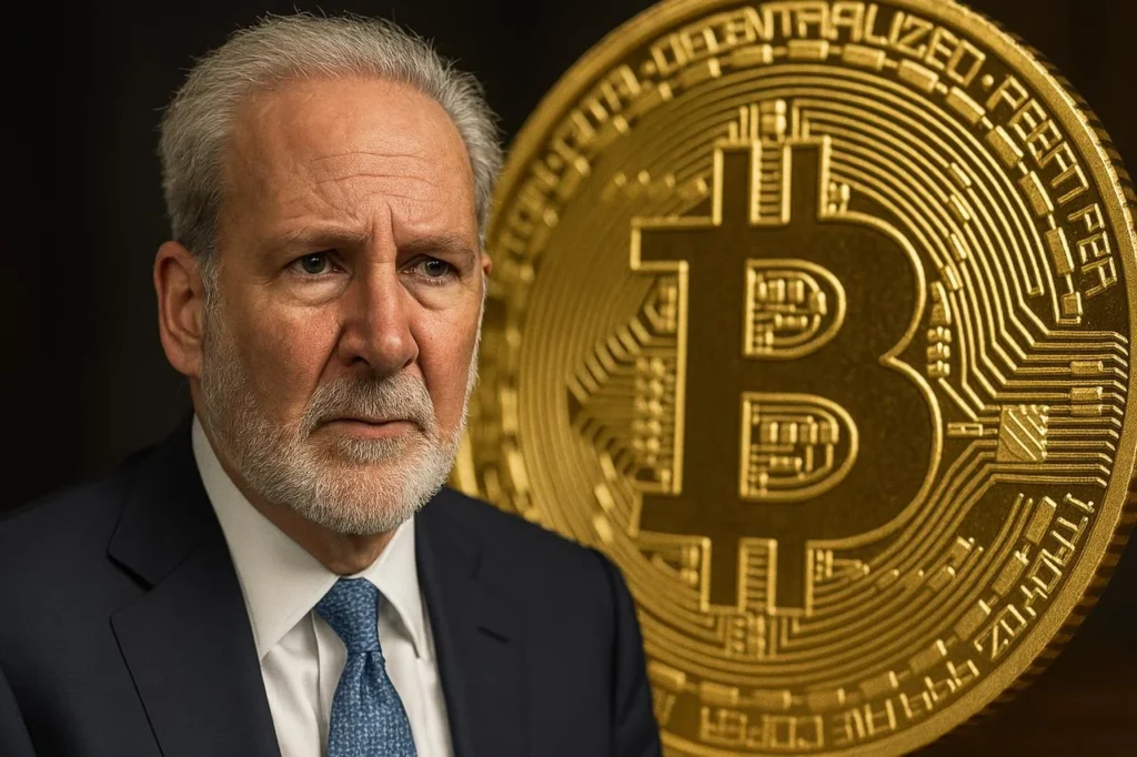 Peter Schiff in front of a large Bitcoin symbol, highlighting his ironic role in the Bitcoin boom