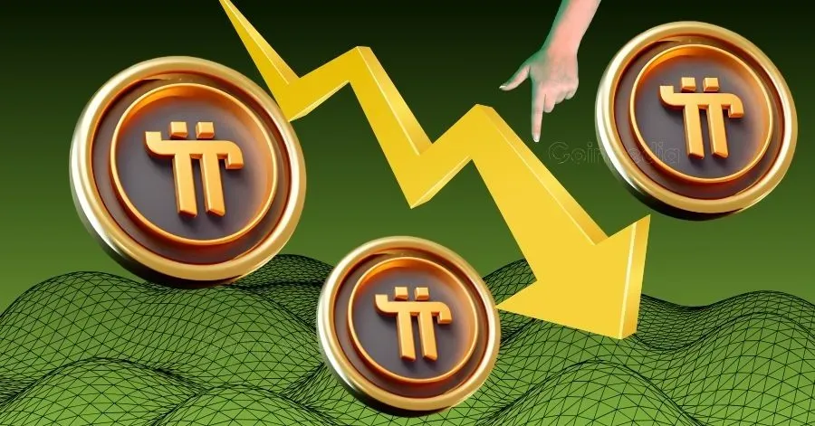 Pi Coin tokens falling with downward arrow, symbolizing potential price crash in June due to token unlock