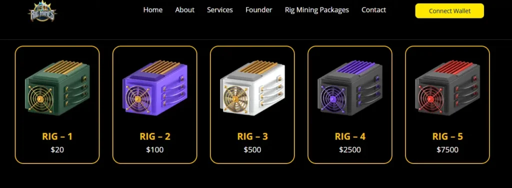 Rig Mines rig packages from $20 to $7500 with color-coded GPU units