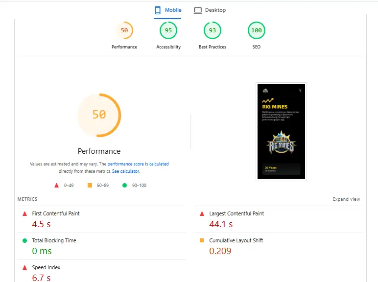 Rig Mines performance report with poor speed and high load time