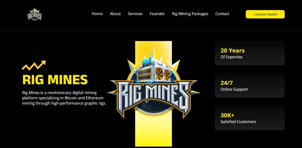 Rig Mines homepage with claim of 20 years expertise and 30K customers