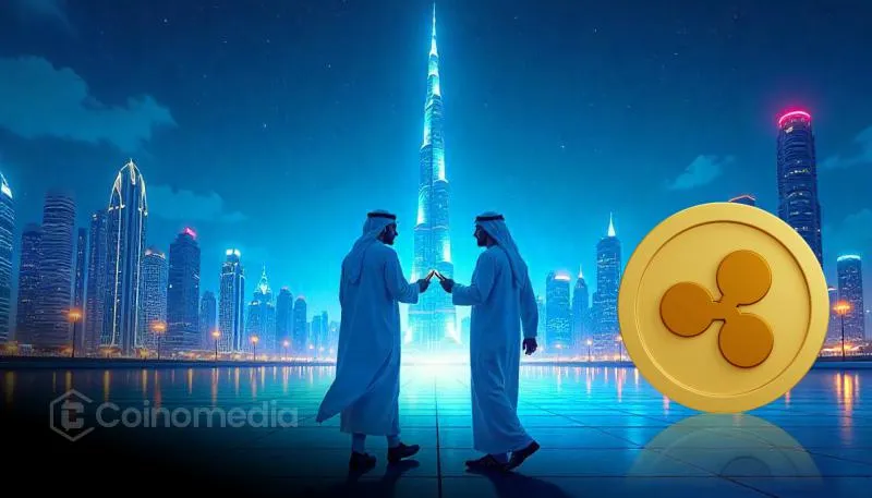 Two Arab businessmen shaking hands in front of Burj Khalifa with Ripple coin symbol in Dubai
