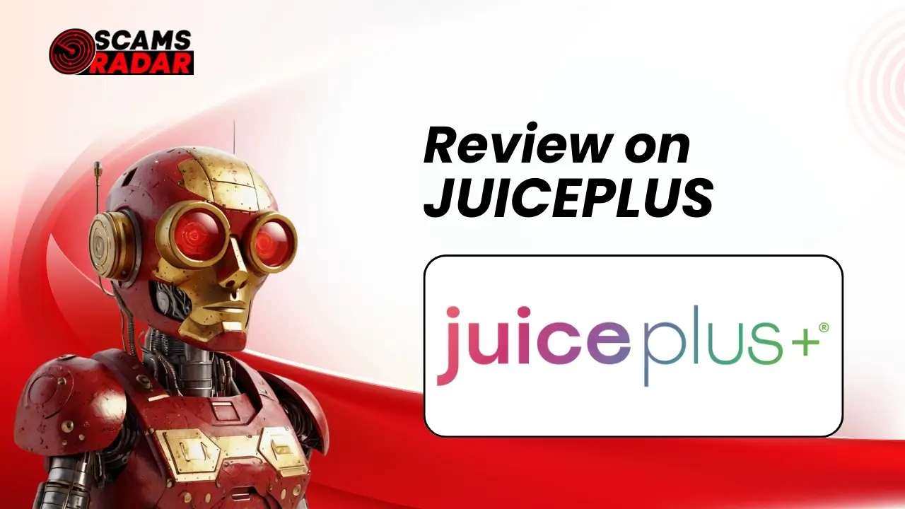Juice Plus Review by Scams Radar featuring a robot analyzing the product