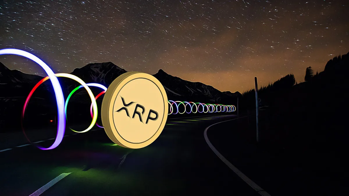 XRP coin on a road with vibrant light trails and starry sky, representing its future trajectory in the crypto market