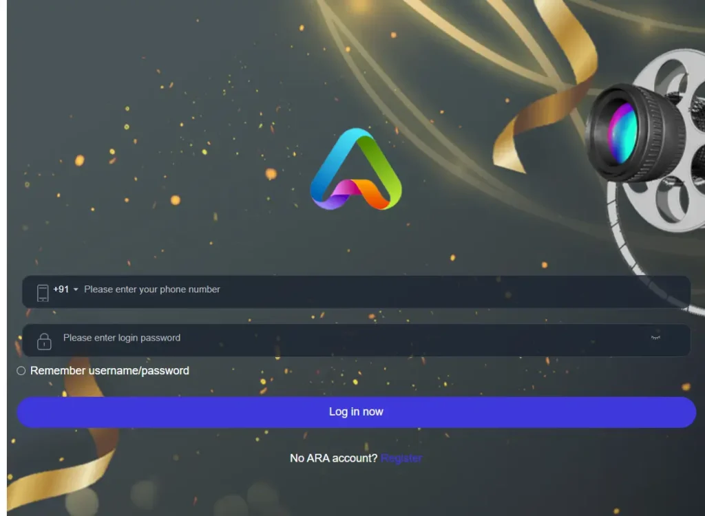AraVIP Login - User interface with colorful logo and film reel background
