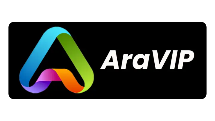 AraVIP - Vibrant logo with colorful A design on black background.