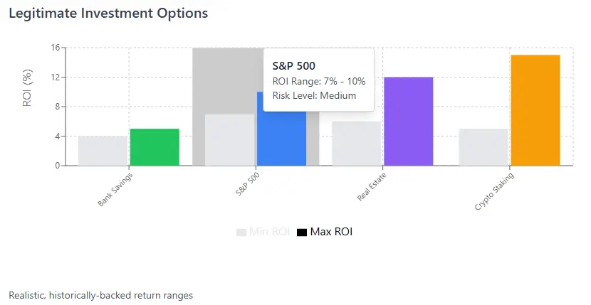 BigBullFX legitimate investment options chart showing ROI ranges for Bank Savings, S&P 500, Real Estate, and Crypto Staking.