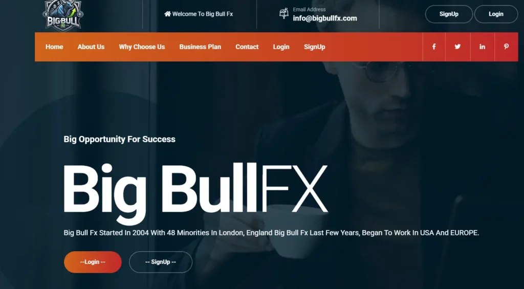 BigBullFX homepage with logo, navigation, and sign-up options.