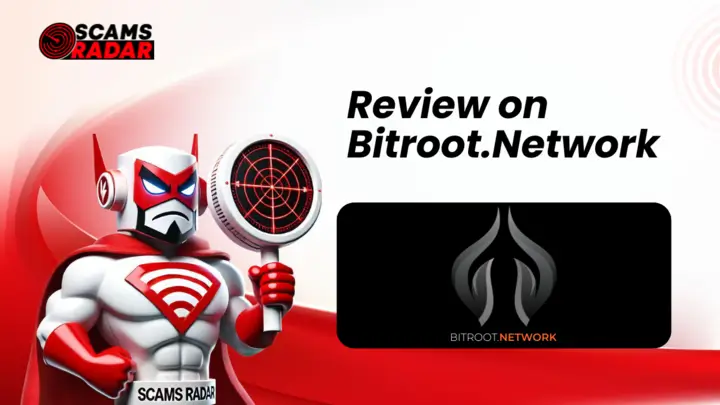 Bitroot Network Review - Scams Radar superhero analyzing Bitroot Network with radar, featuring logo.