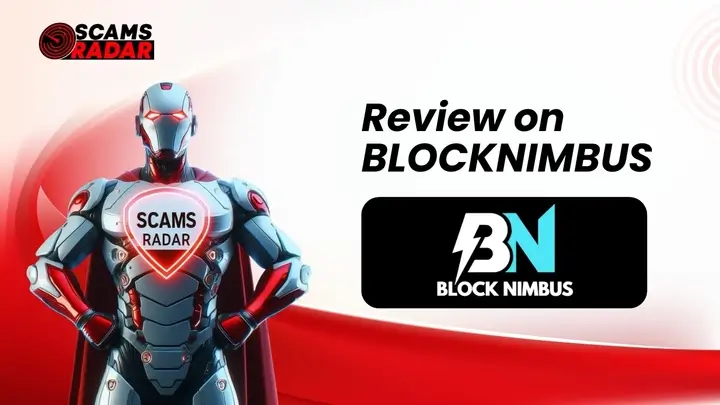 Block Nimbus Review - Scams Radar superhero analyzing Block Nimbus, a detailed review on scam protection