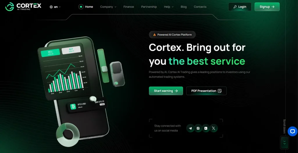 Cortex Trading - Homepage featuring AI trading platform with chart, login, and signup options.