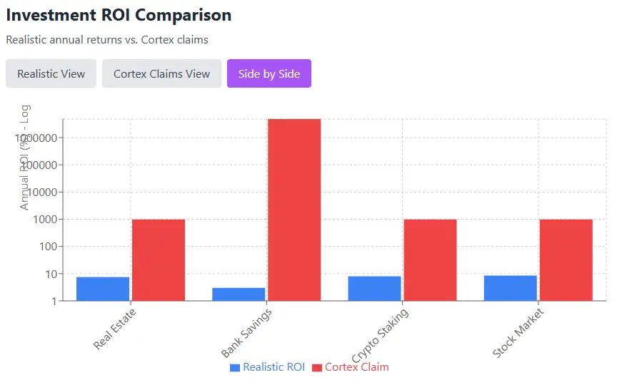 Cortex Trading - Investment ROI Comparison chart showing realistic returns vs Cortex claims for real estate, bank savings, crypto staking, and stock market.