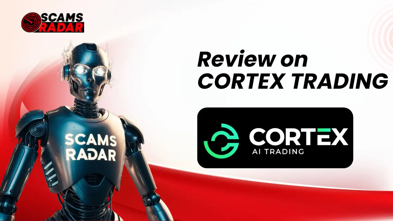 Cortex Trading Review - Scams Radar analysis of Cortex AI Trading platform featuring a robot with 'Scams Radar' label.