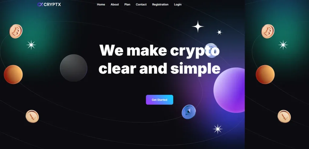 CryptX homepage with 'We make crypto clear and simple' slogan and get started button