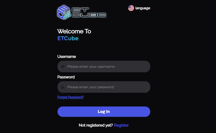 Cubeonex login page with ET Cube logo, username, password fields, and register option.