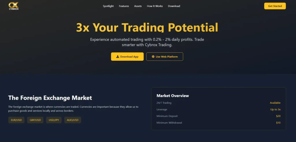 Cybrox - Homepage featuring 3x trading potential, automated trading, and forex market details with EUR/USD, GBP/USD.