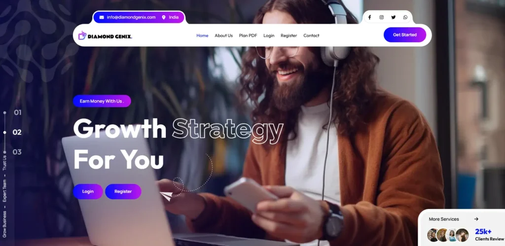 Diamond Genix website homepage featuring growth strategy, login, and register options with a professional user image.