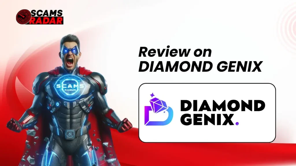 Diamond Genix Review - Scams Radar superhero analyzing Diamond Genix, featuring a detailed review on a vibrant background