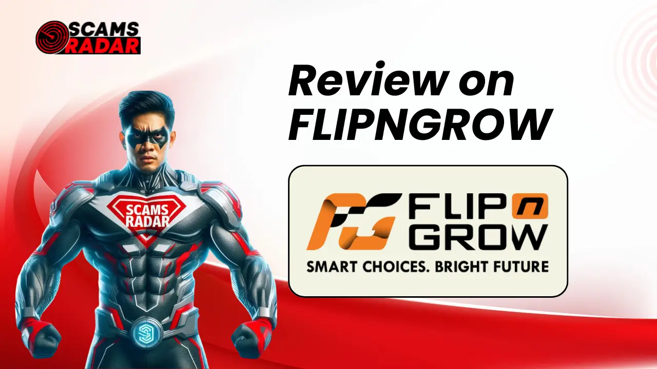 FlipnGrow Review - Scams Radar superhero analyzing Flip n Grow smart choices for a bright future.