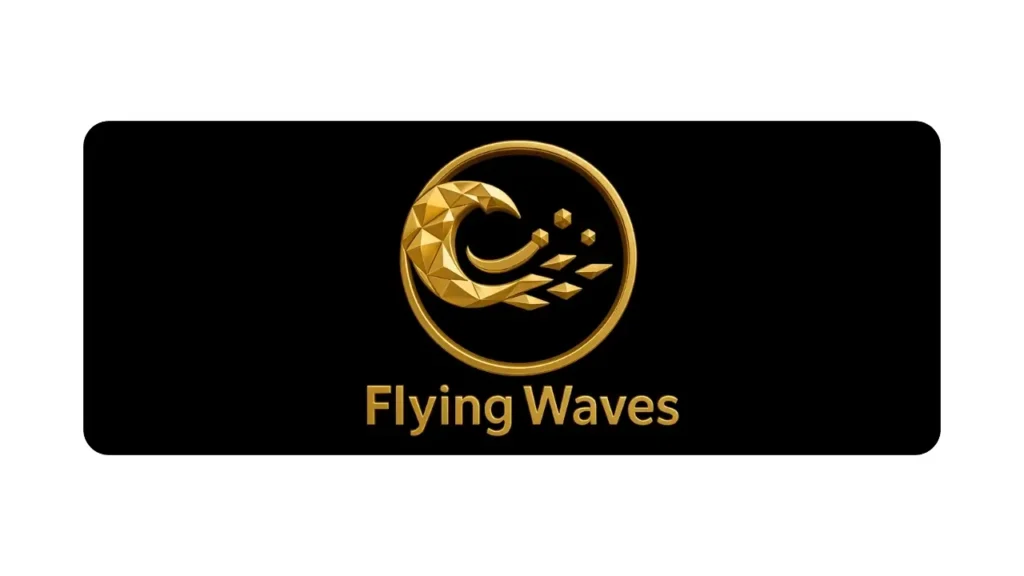 Flying Waves logo featuring a golden wave and crescent design on black background.