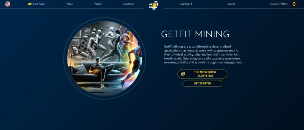 GetFit Mining homepage featuring a futuristic interface with users and a 'Get Started' button.
