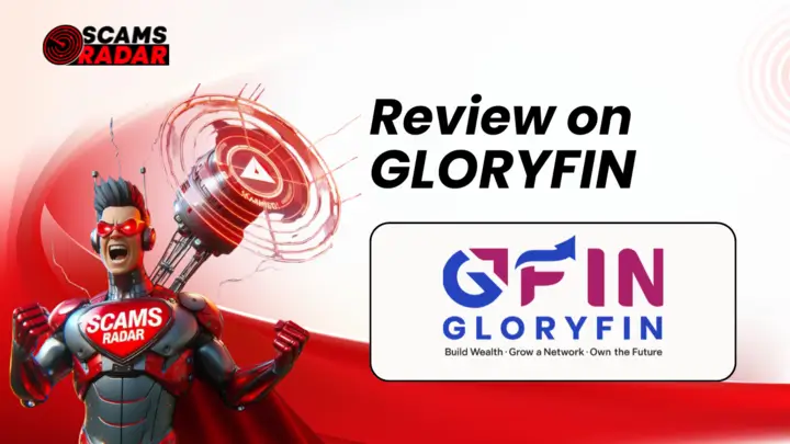 GloryFin Review - Scams Radar superhero analyzing GloryFin, a network-building platform with the tagline 'Build Grow a Network Own the Future'.