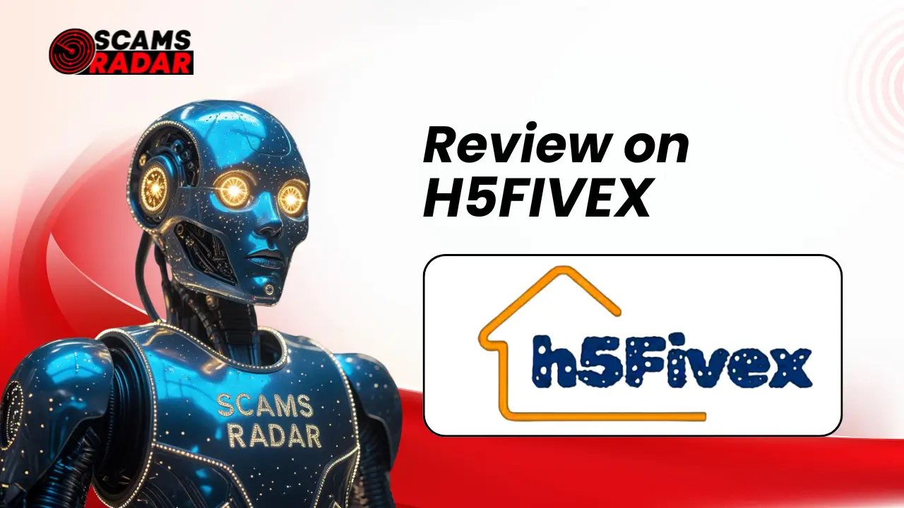 "H5Fivex Review - Detailed analysis by Scams Radar featuring a futuristic robot, highlighting potential scam insights."