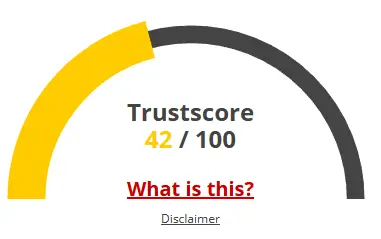 "H5Fivex TrustScore 42/100 gauge with yellow and black design, including disclaimer."