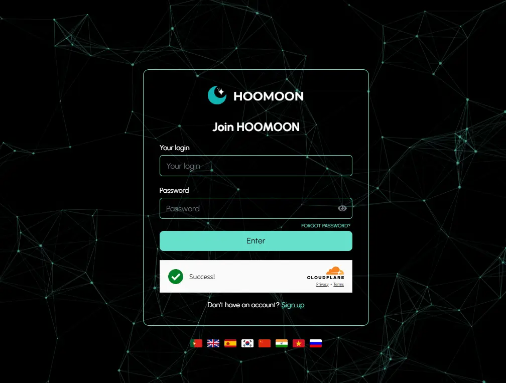 "HooMoon Login Page - Secure HooMoon login interface with username, password, and enter button