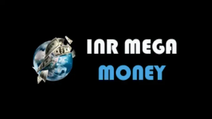 INR Mega Money logo featuring a globe with flying cash, symbolizing financial growth."