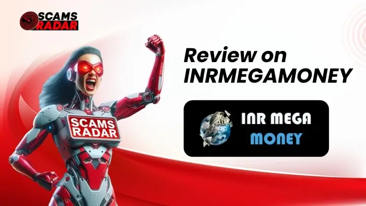 INR Mega Money Review - Scams Radar warning with futuristic character highlighting review on INRMEGAMONEY platform