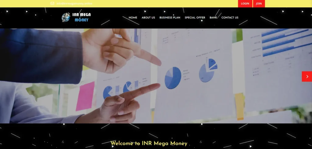 INR Mega Money website homepage with charts and hands pointing, welcoming users to financial insights.
