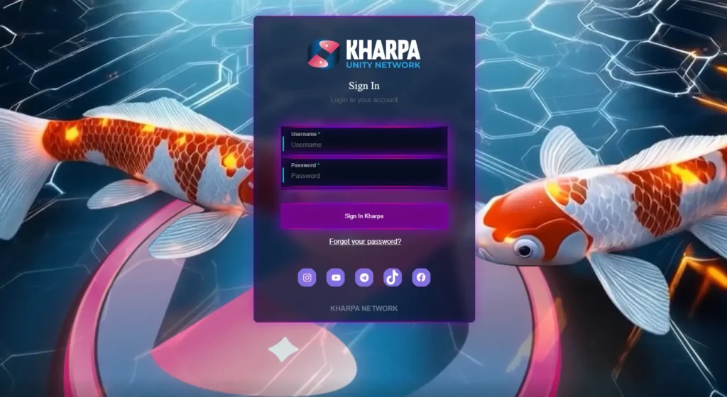 Kharpa Unity Network login page with vibrant koi fish background.