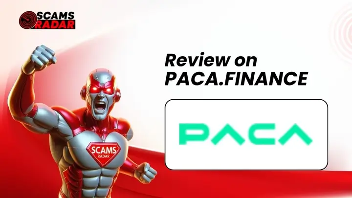 Paca Finance Review - Scams Radar analysis with a superhero graphic highlighting a review of Paca Finance platform.