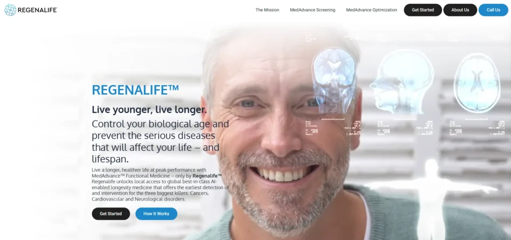RegenaLife homepage featuring a man with medical scans, promoting longer, healthier life with MedAdvance technology.